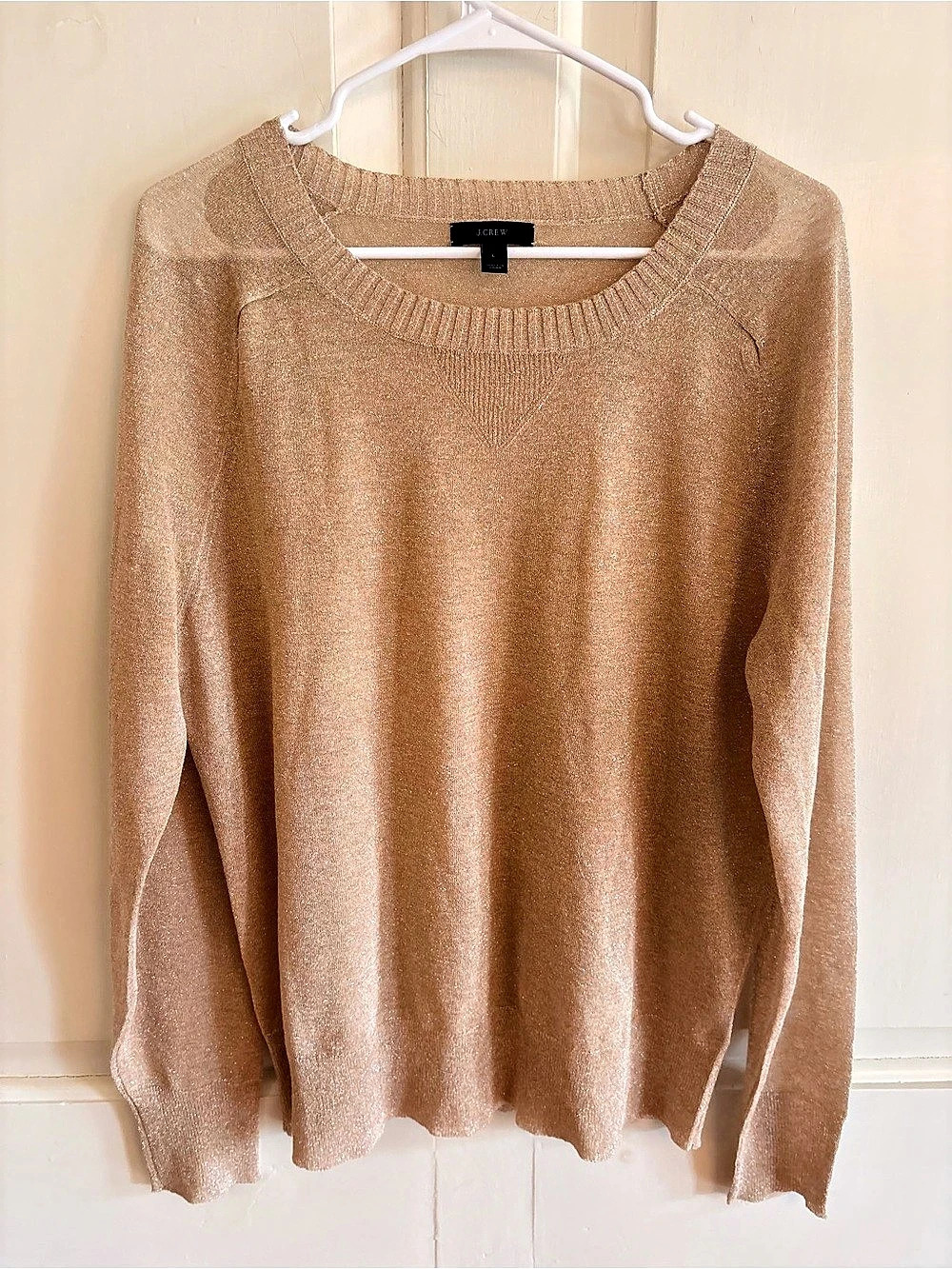 J.Crew Sweater Womens Large Champagne Gold Metallic Shimmer Scoop Neck Pullover